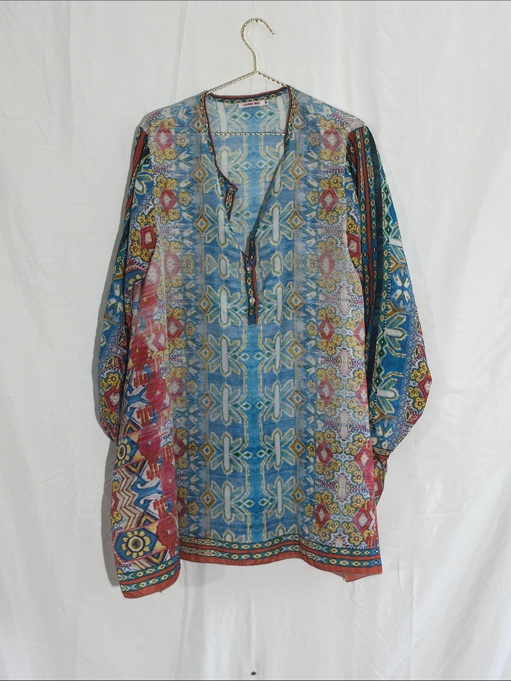 Johnny Was Multi-Color Printed V-Neck Tunic — Blue, Red, Yellow